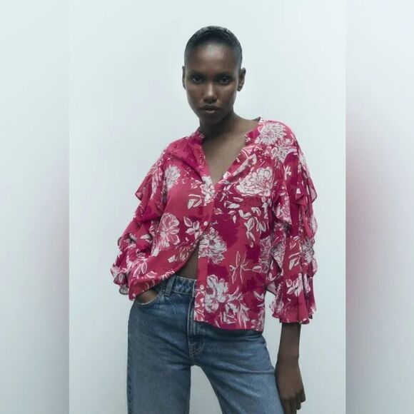 ZARA PRINTED TOP WITH RUFFLES - Picture 7 of 11